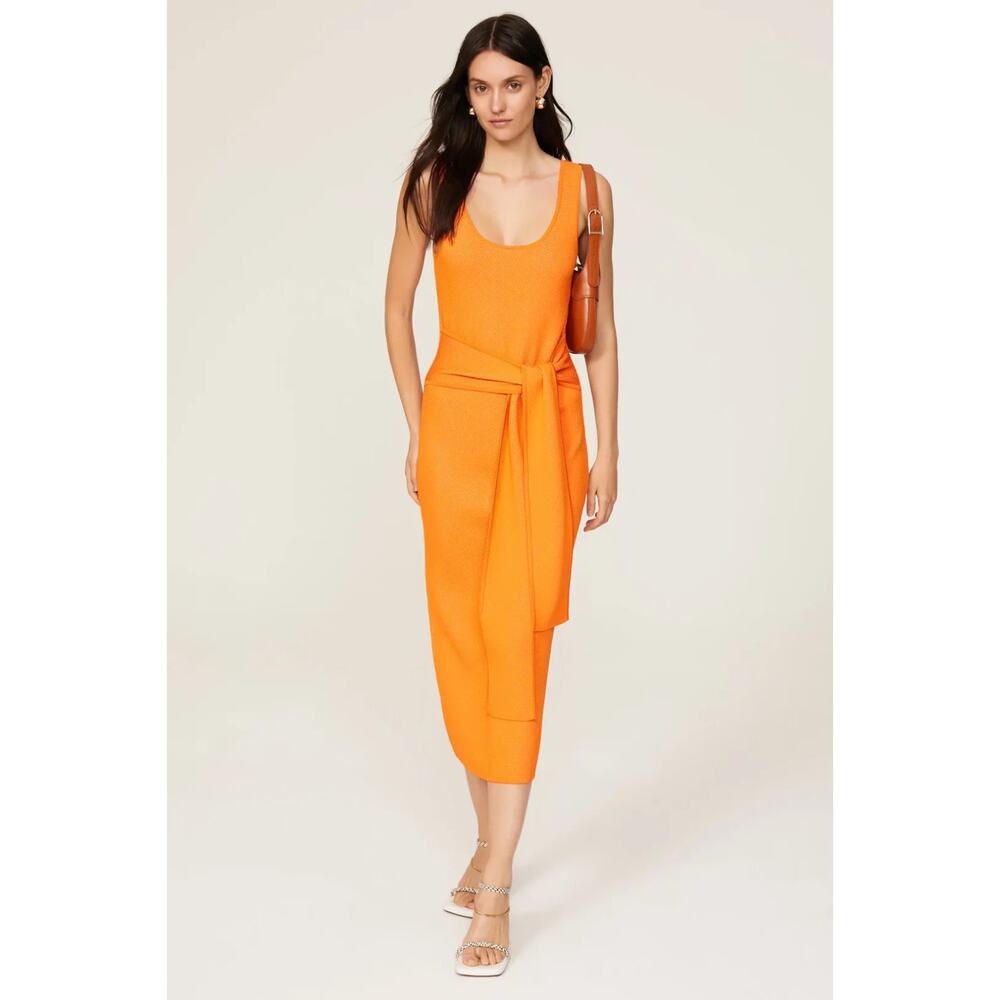 TOCCIN Lucy Midi Knit Dress Orange Tank Sun Stretch Tie Waist, Large, Rt. $325